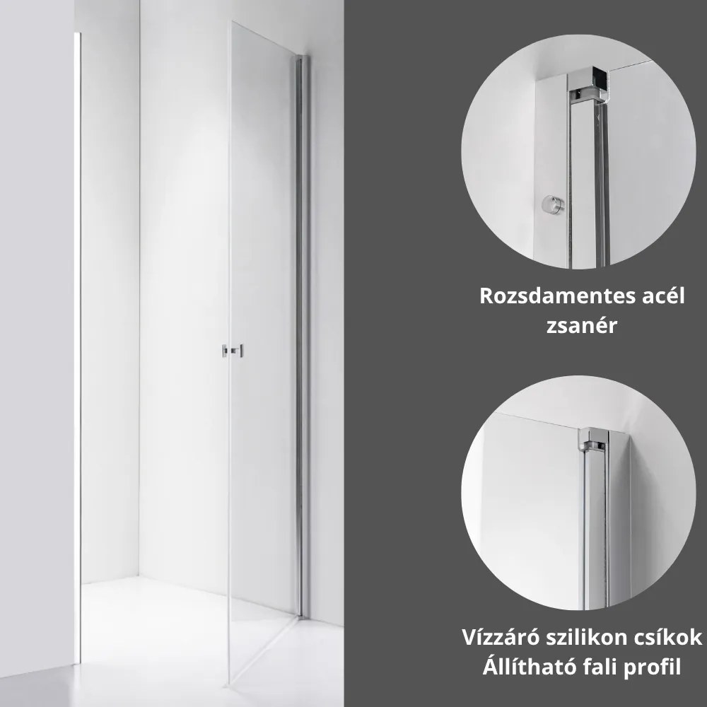 Stuxi Bari 80 cm széles egyszárnyú nyíló zuhanyajtó, 6 mm vízlepergető üveggel, króm profillal, 195 cm magas