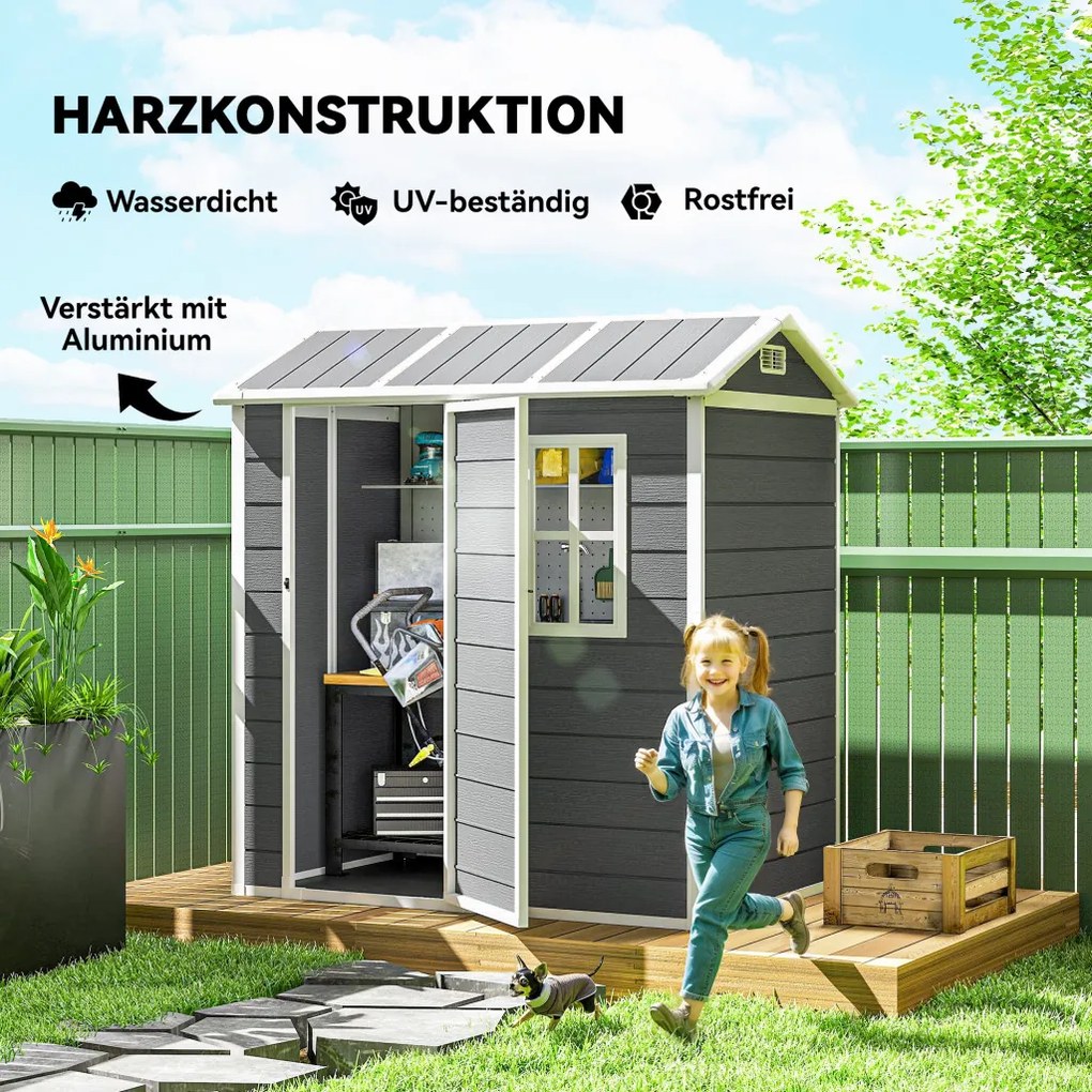 Outsunny kerti ház, szerszámoskamra padlóval, ablakkal, zárható ajtóval, műanyag gyantából, időjárásálló, szürke