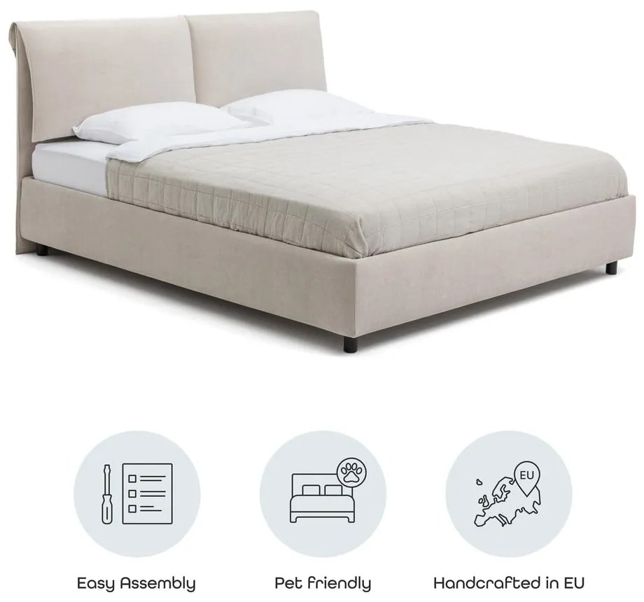 Bézs kárpitozott ágyneműtartós franciaágy ágyráccsal 160x200 cm Myra Pillow – Bonami Selection