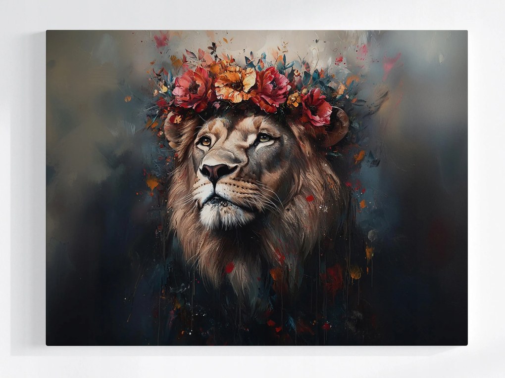 Vászonkép Canvas Portré Állat Oroszlán Király Koszorú Virágok Boho 100x75
