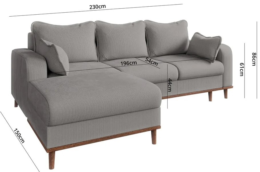 Világosszürke kordbársony sarokkanapé (bal oldali) Beata – Ropez