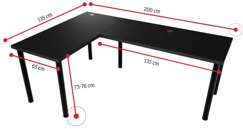 LOOK N 2 sarok számítógépasztal LED, 200/135x73-76x65, fekete