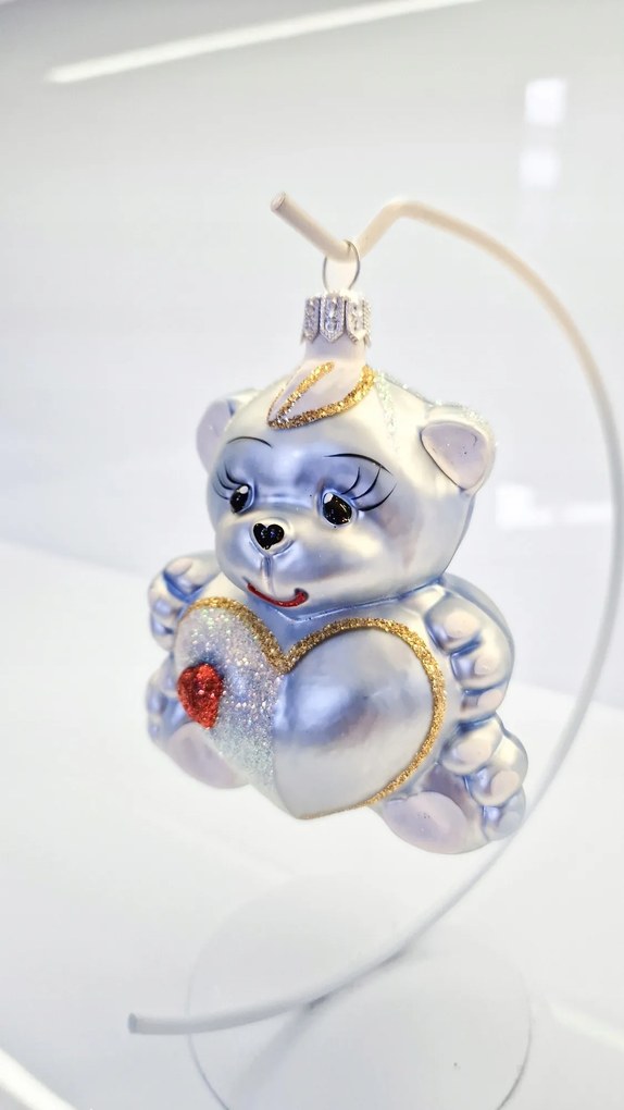 Karácsonyfa gömb üveg maci alakú szívecskével