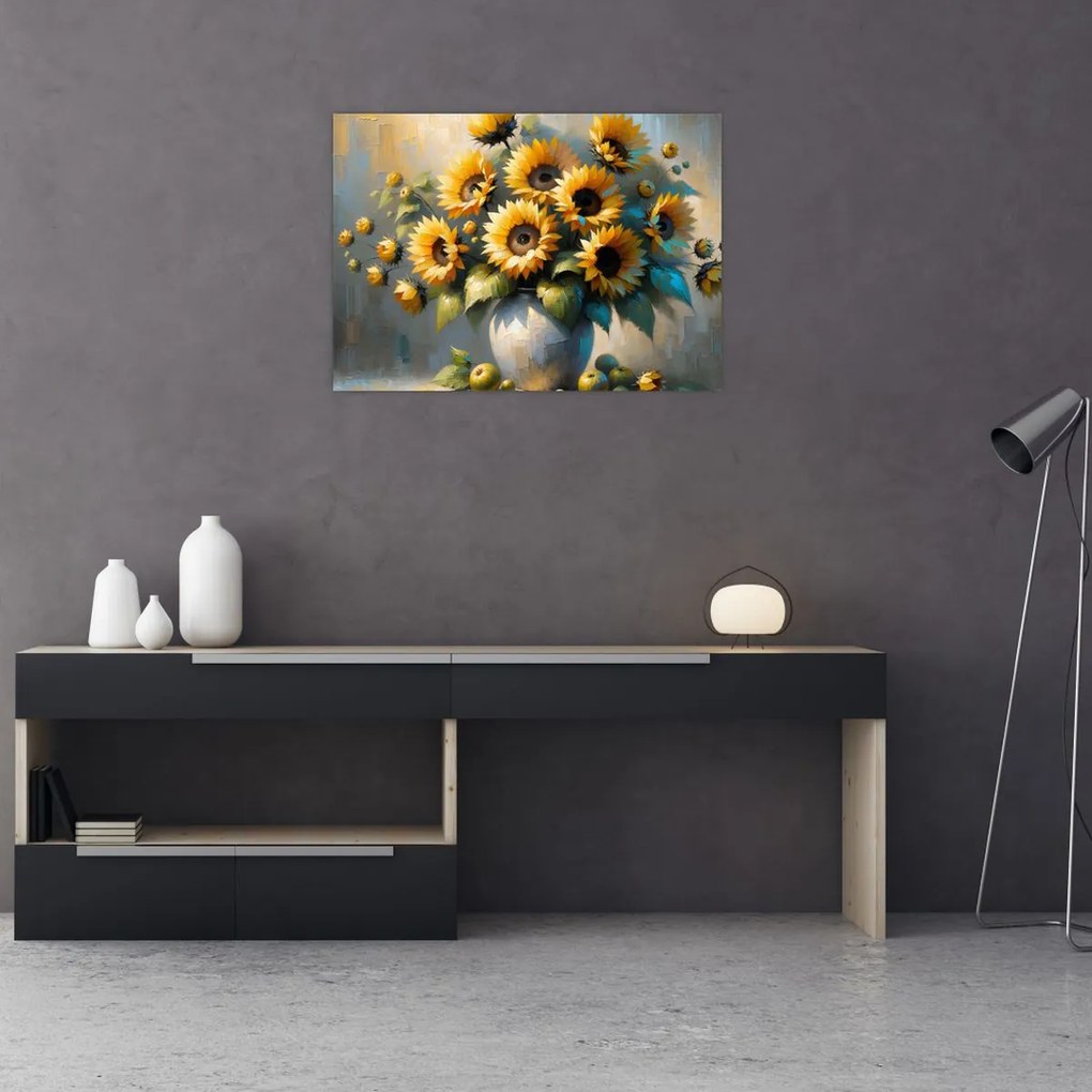 Üveg kép – Napraforgós váza (70x50 cm)