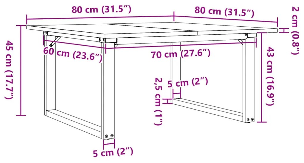tömör fenyőfa és öntöttvas dohányzóasztal O-vázzal 80x80x45 cm