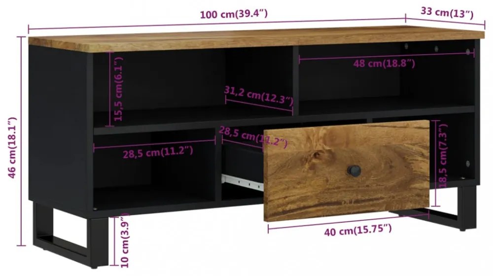 tömör mangófa és szerelt fa TV-szekrény 100 x 33 x 46 cm