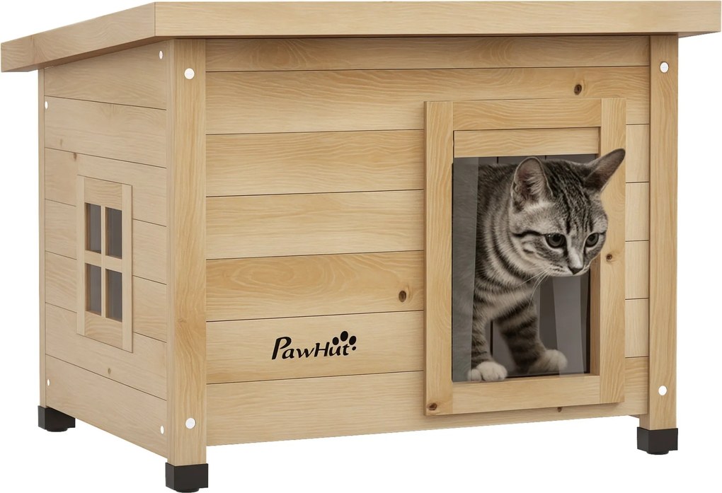 PawHut Fa Kerti Macska Ház Téli Vízálló Macska Menedék Aszfalt Tető Ablakkal Ajtófüggönnyel Emelt Macska Barlang 57 x 45 x 43 cm Sárga | Aosom