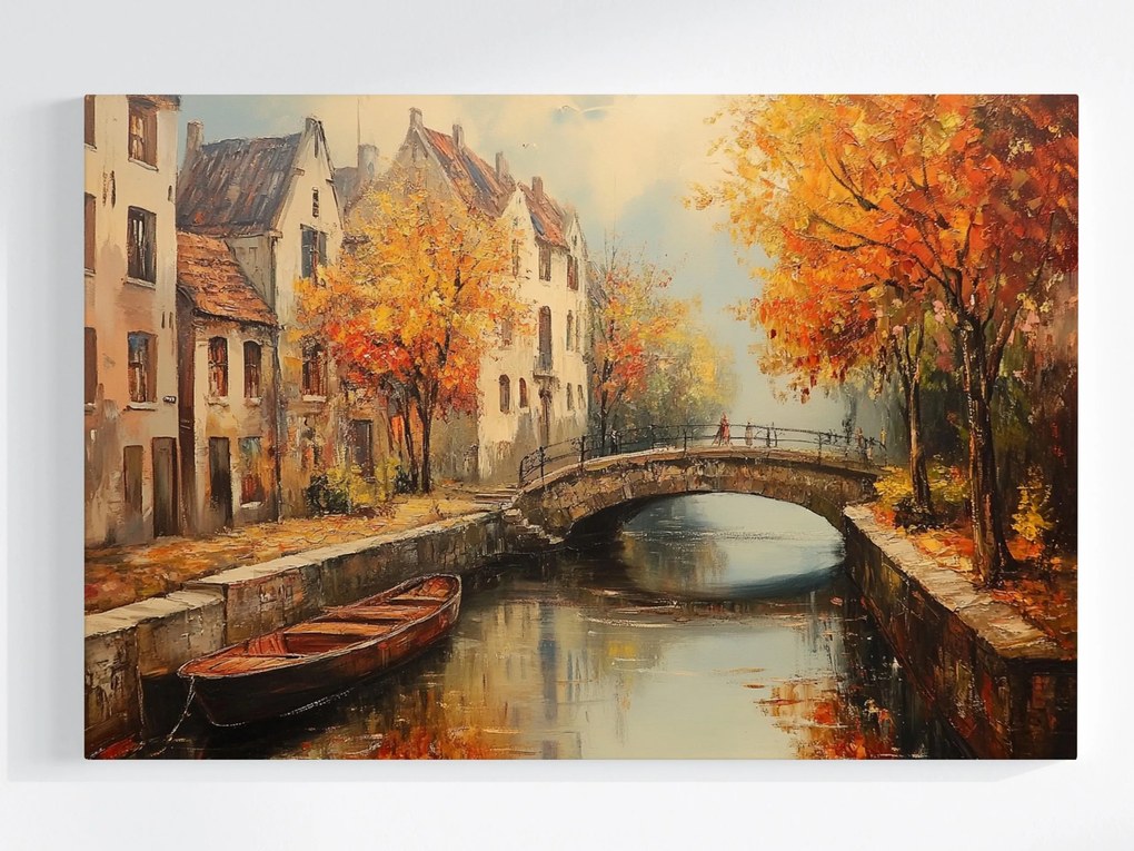 Vászonkép Canvas Ősz Város Óváros Folyó Csatorna Híd Hajó 60x40