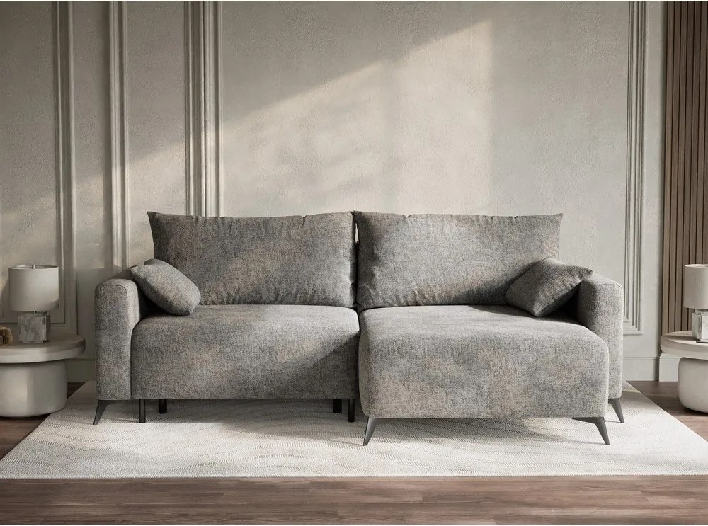 Szürke zsenília kinyitható-tárolóhelyes sarokkanapé (jobb oldali-heverő résszel) Leon – Maison de Rêve