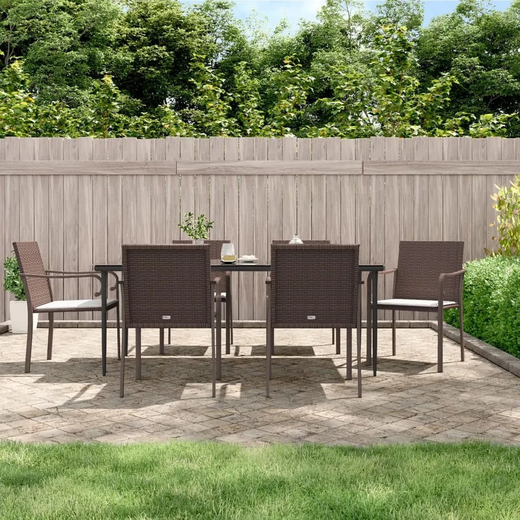 7 részes polyrattan és acél kerti étkezőgarnitúra párnával