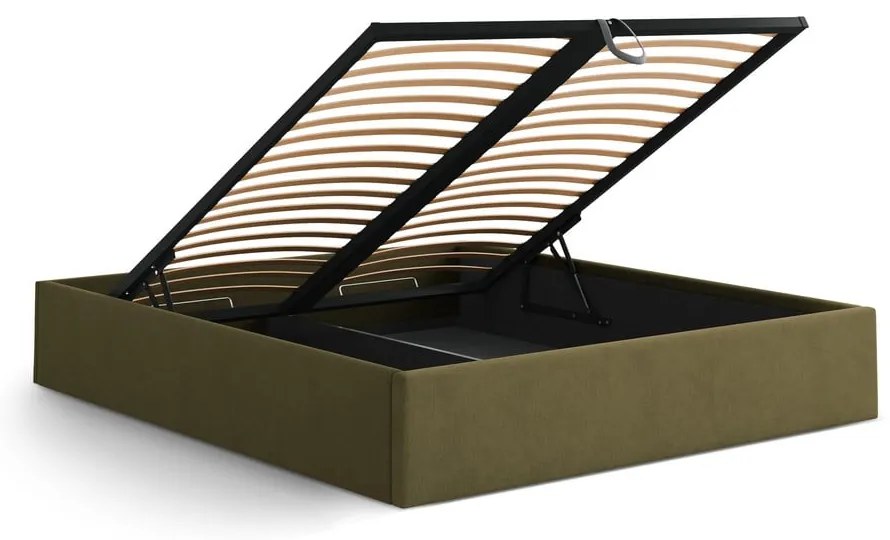 Zöld kárpitozott ágyneműtartós-ágytámla nélkül franciaágy ágyráccsal 160x200 cm Susan – Micadoni