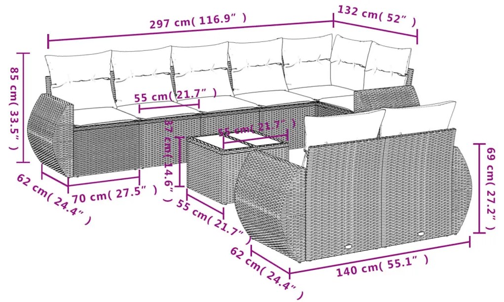 9 részes bézs polyrattan kerti ülőgarnitúra párnákkal