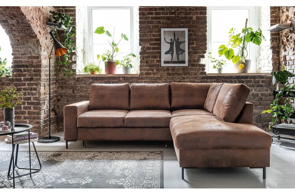 Barna bőrutánzat kinyitható sarokkanapé (jobb oldali) Lofty Lilly – Miuform