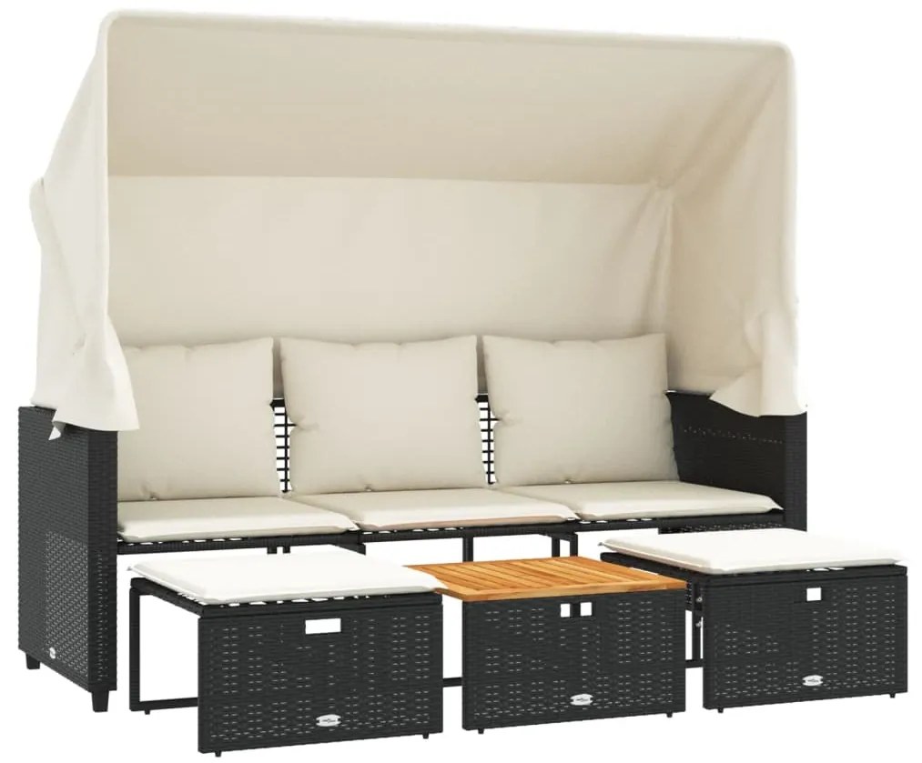 3 személyes fekete polyrattan kerti kanapé baldachinnal/székkel