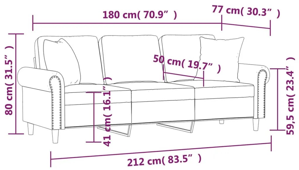 3 személyes barna bársony kanapé díszpárnákkal 180 cm