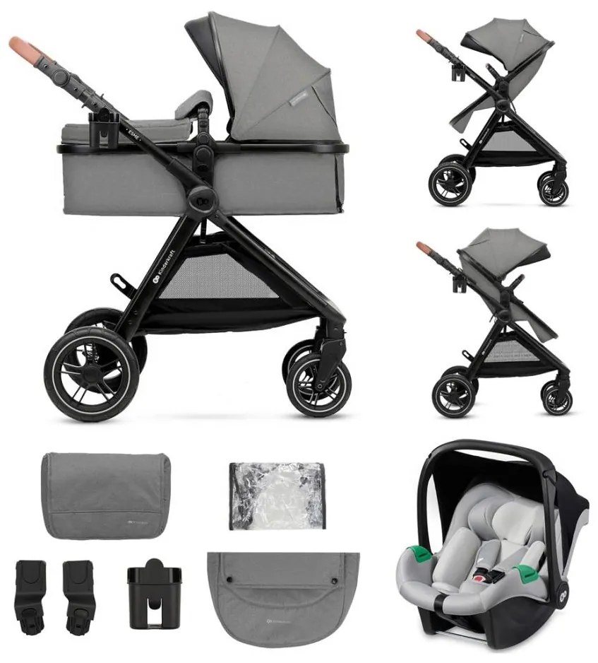 KINDERKRAFT - Kombinált babakocsi 3in1 ESME Moonlight szürke + autósülés MINK PRO KSESME00GRY3000