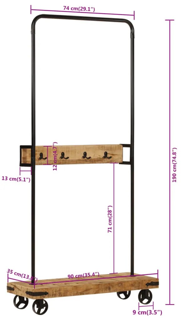 tömör mangófa és vas ruhaállvány kerekekkel 90 x 35 x 190 cm