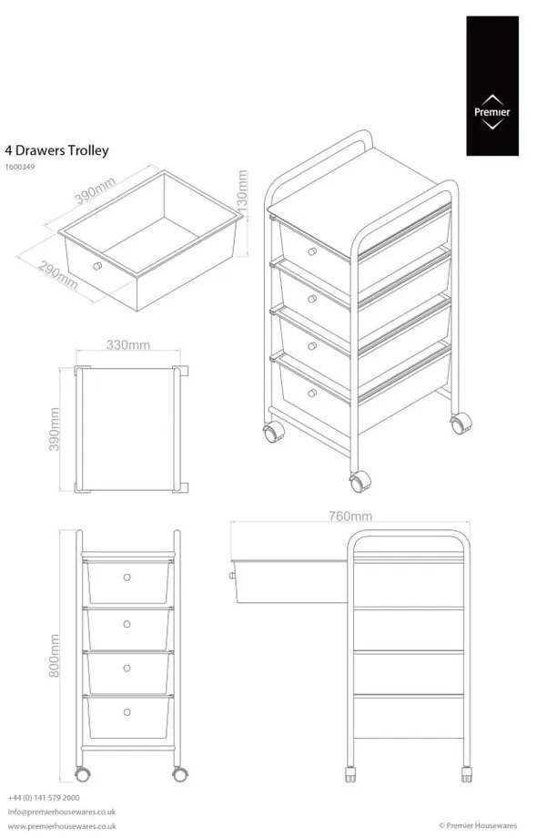 Fekete-ezüstszínű műanyag gurulós polcos állvány 33x79 cm – Premier Housewares