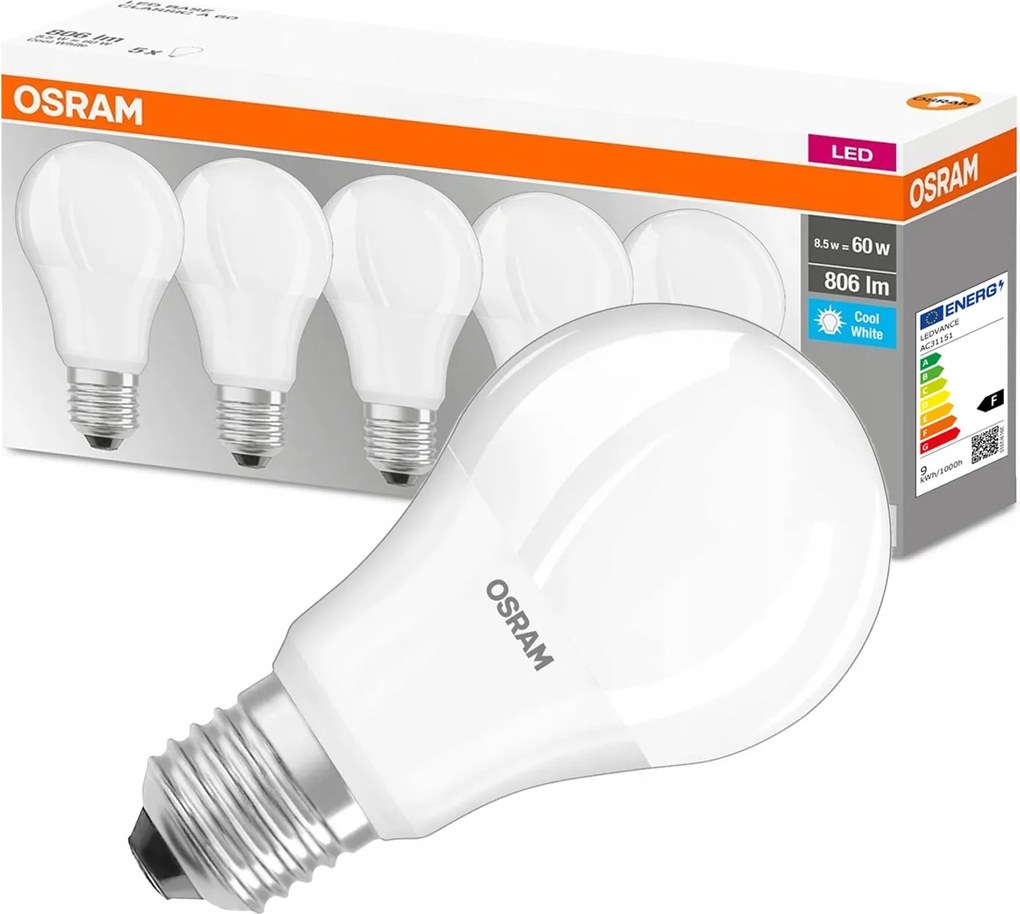 5 Db Led izzó E27 A60 8,5W 60W 806lm 4000K Semleges fehér 300° Osram Base