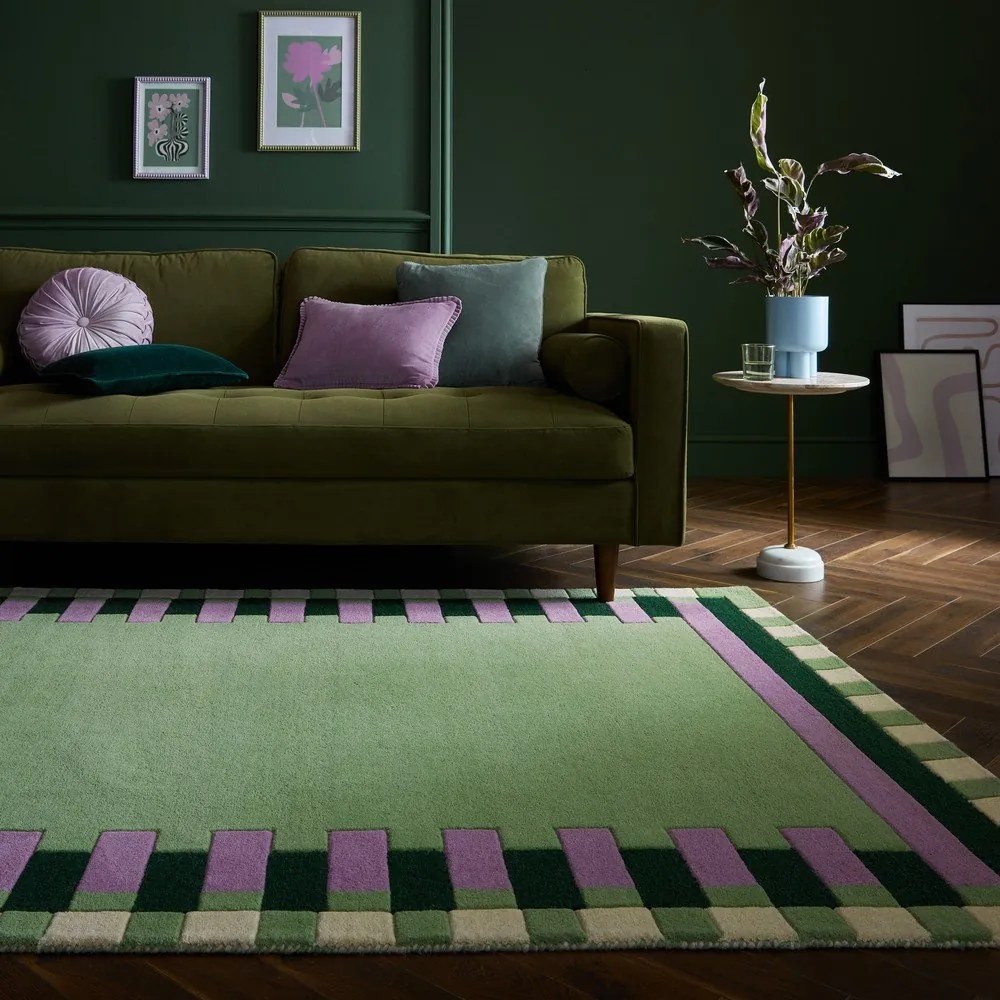 Zöld-lila kézi szövésű gyapjú szőnyeg 200x290 cm Kai Wool Border – Flair Rugs