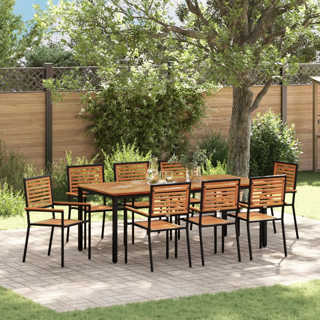 9 Részes Kerti Étkezőszett Fekete Poli Rattan Akácia, Egymásra Rakható Kerti Székek Párnákkal 2 db Fekete Poli Rattan, Kerti Asztal 200x90x75 cm Tömör Akácia Fa és Fém