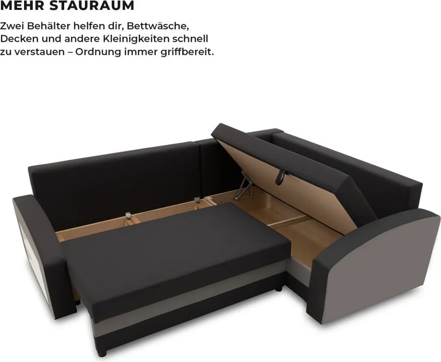 Grande sarokkanapé polcokkal , polc a bal karfaban, jobboldali, szövet anyag, bonell töltet, fekete - szürke