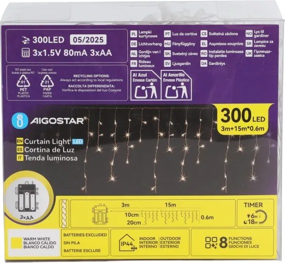 Aigostar - LED kültéri karácsonyi fényfüzér 300xLED/8 világítási mód 3xAA 18x06m IP44 meleg fehér