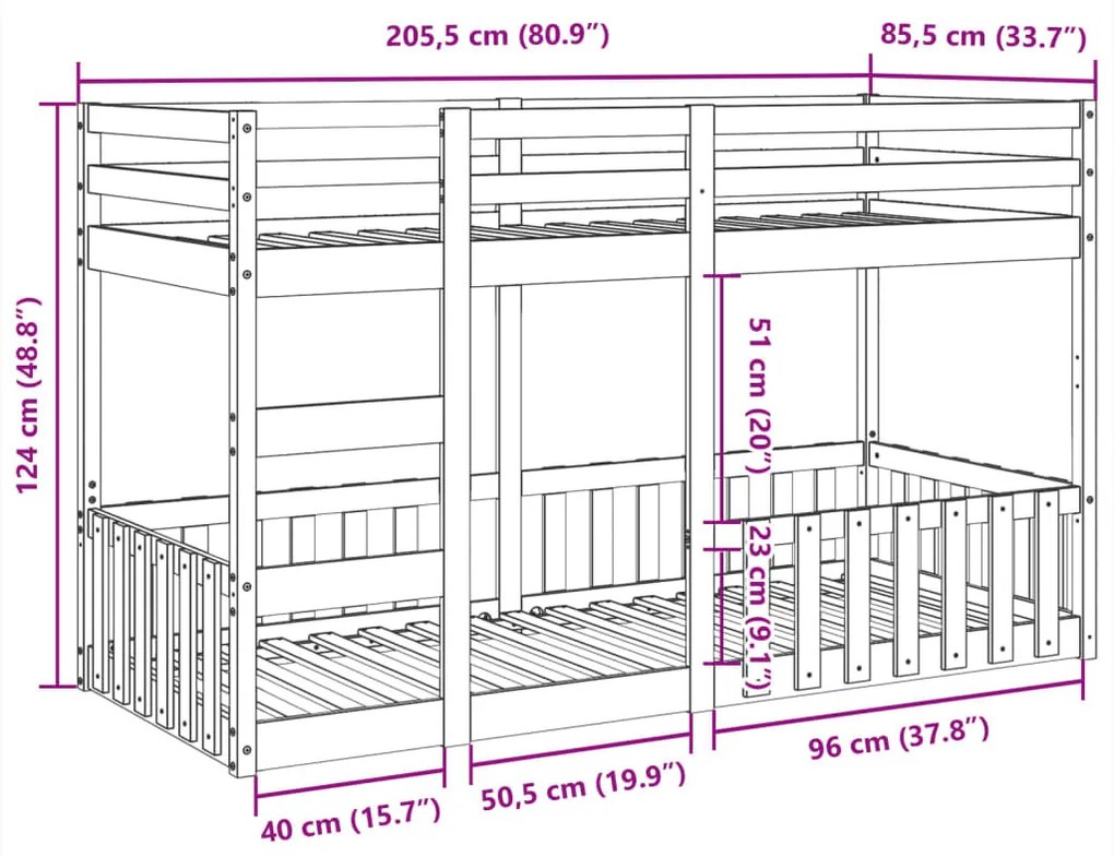 tömör fenyőfa emeletes ágy 80x200 cm