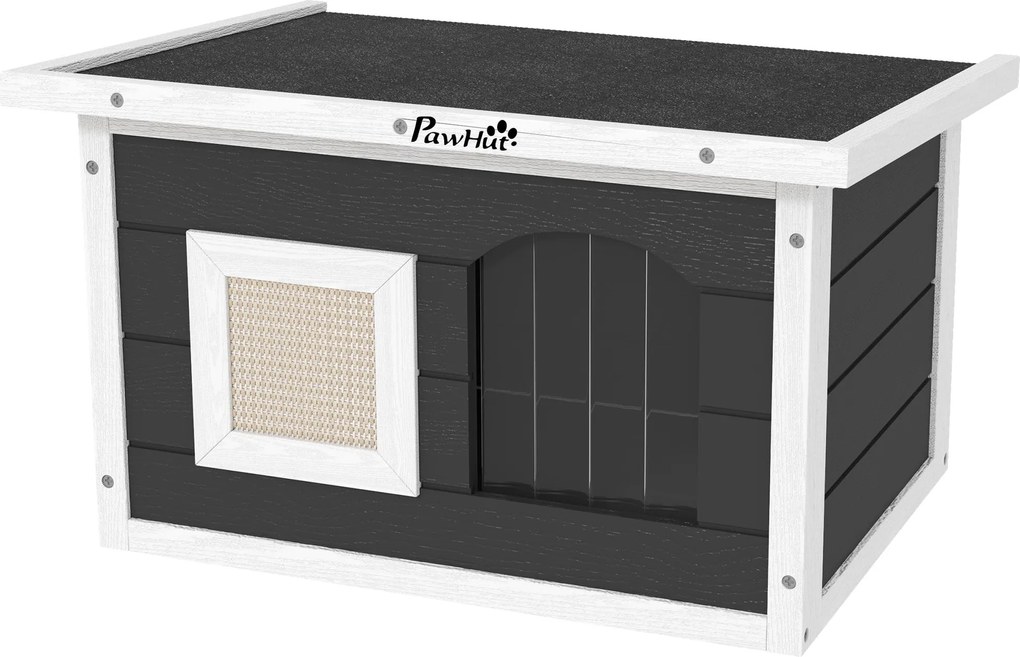 PawHut Favázas Macska Ház Vízálló Macska Menedék Hajtható Aszfalt Tetővel, Kaparó Matrac, Leválasztható Alj, Kültéri Macska Barlang, Macska Doboz Kült