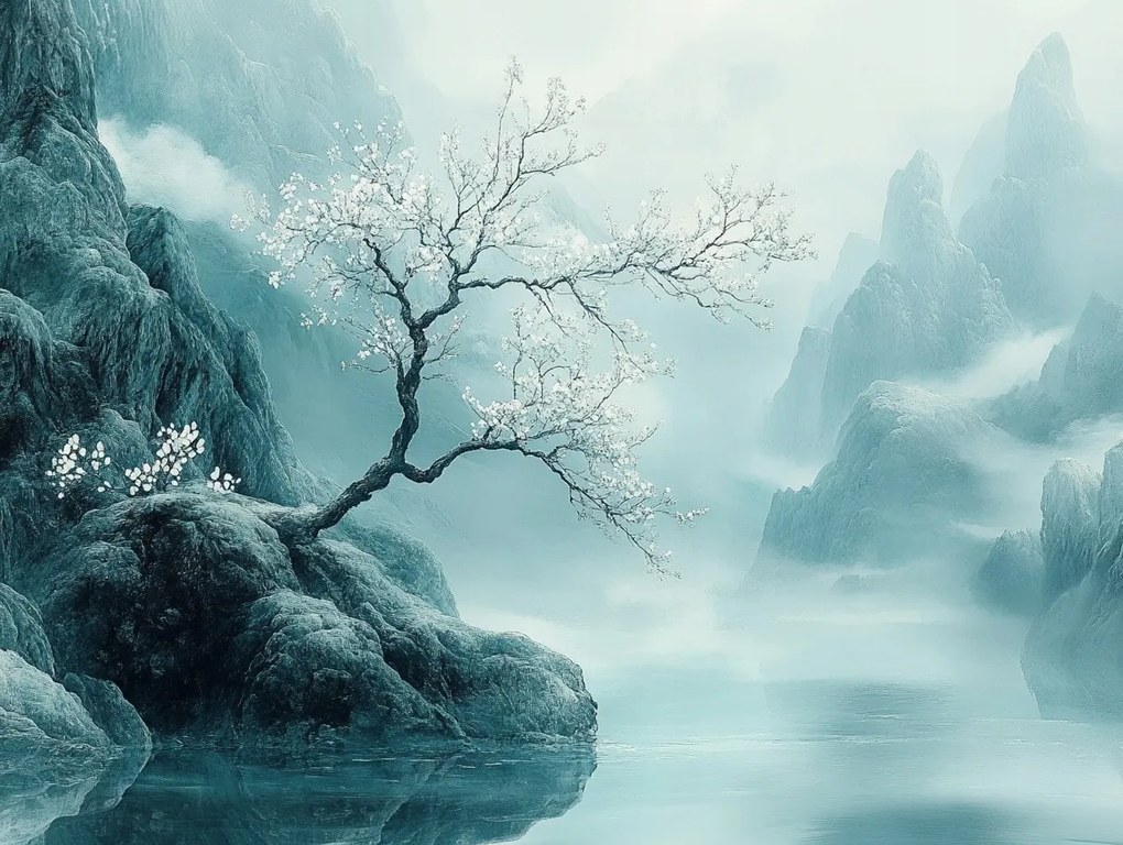 Vászonkép Canvas Hegyek Fa Tájkép Természet Köd Türkiz 80x60