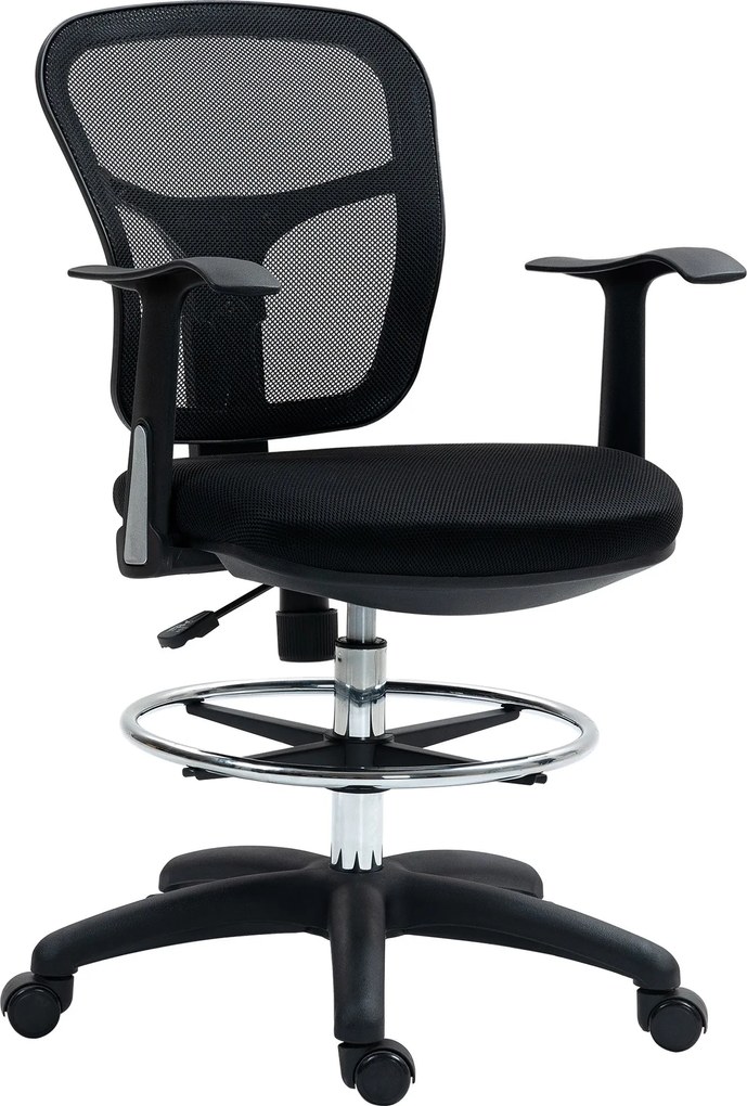 HOMCOM Forgós Irodai Szék Lábpihenő Gyűrűvel és Ívelt Háttal, Ergonomikus Poliészter, Hab és Műanyag Szék, Magasság Állítható, 55x58x94 cm, Fekete | A
