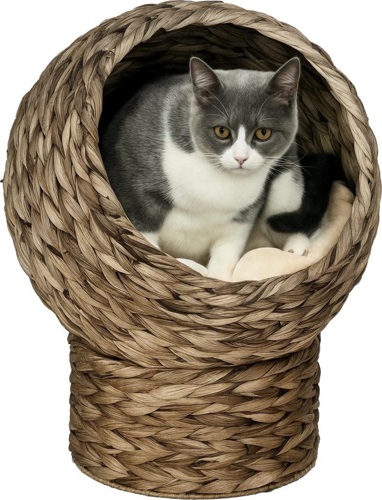 PawHut Rattan Macska Kosár Macska Barlang Macska Kunyhó Macska Ágy Párnával Vízililiom Kávé 42 x 33 x 52 cm | Aosom