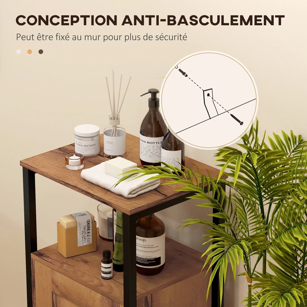 kleankin Alacsony Fürdőszobaszekrény Zsalus Ajtóval, Acélvázas Fürdőszobaszekrény Nyitott Polccal és Állítható Polccal, 37 x 30 x 85 cm, Rusztikus Bar