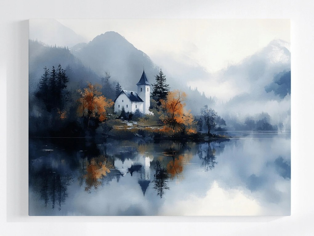 Poszter Tájkép Hegyek Tó Templom Ősz Erdő Köd 100x75