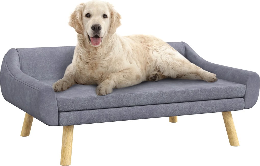 PawHut Kutyaszofa Macskaszofa Hátpaddal, Kisállat Kanapé Fa Lábakkal, Kisállatszofa Párnával, Kutyafekhely Közepes és Nagy Kutyáknak, Velúr, Szürke, 1