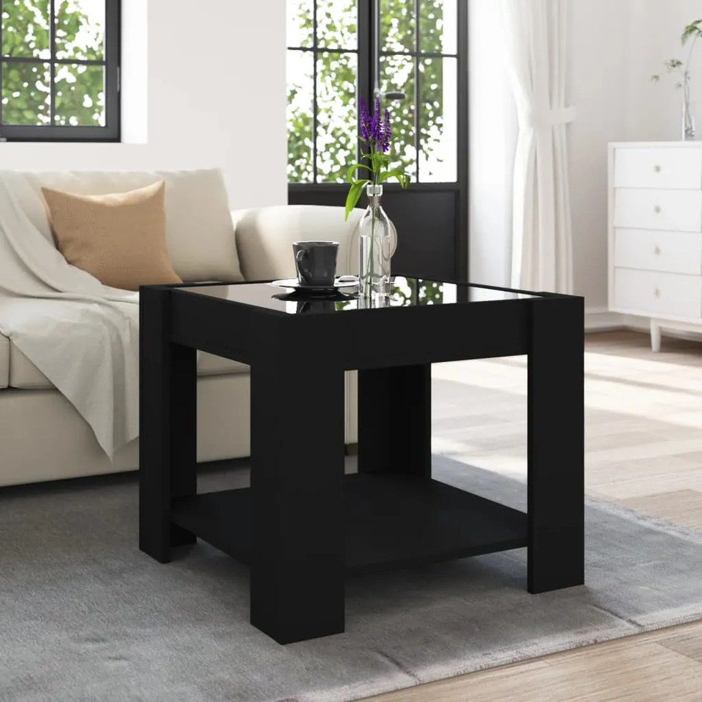 Fekete szerelt fa dohányzóasztal LED-del 53 x 53 x 45 cm