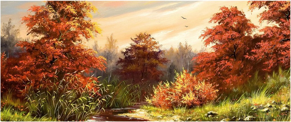 Kép egy folyóról egy őszi tájban, olajfestmény (120x50 cm)