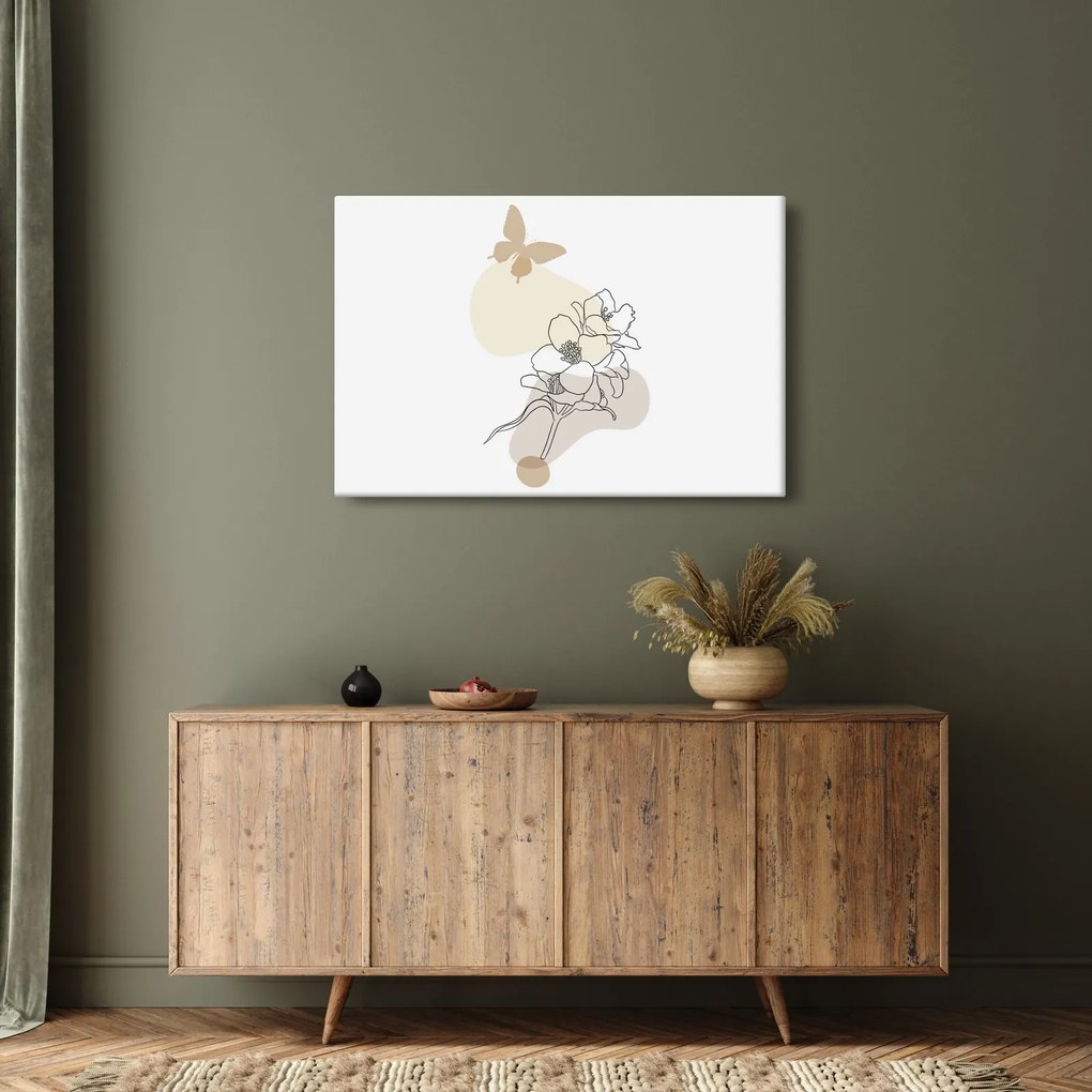 Kép - Bézs virágok pillangóval N⁰3 (90x60 cm)