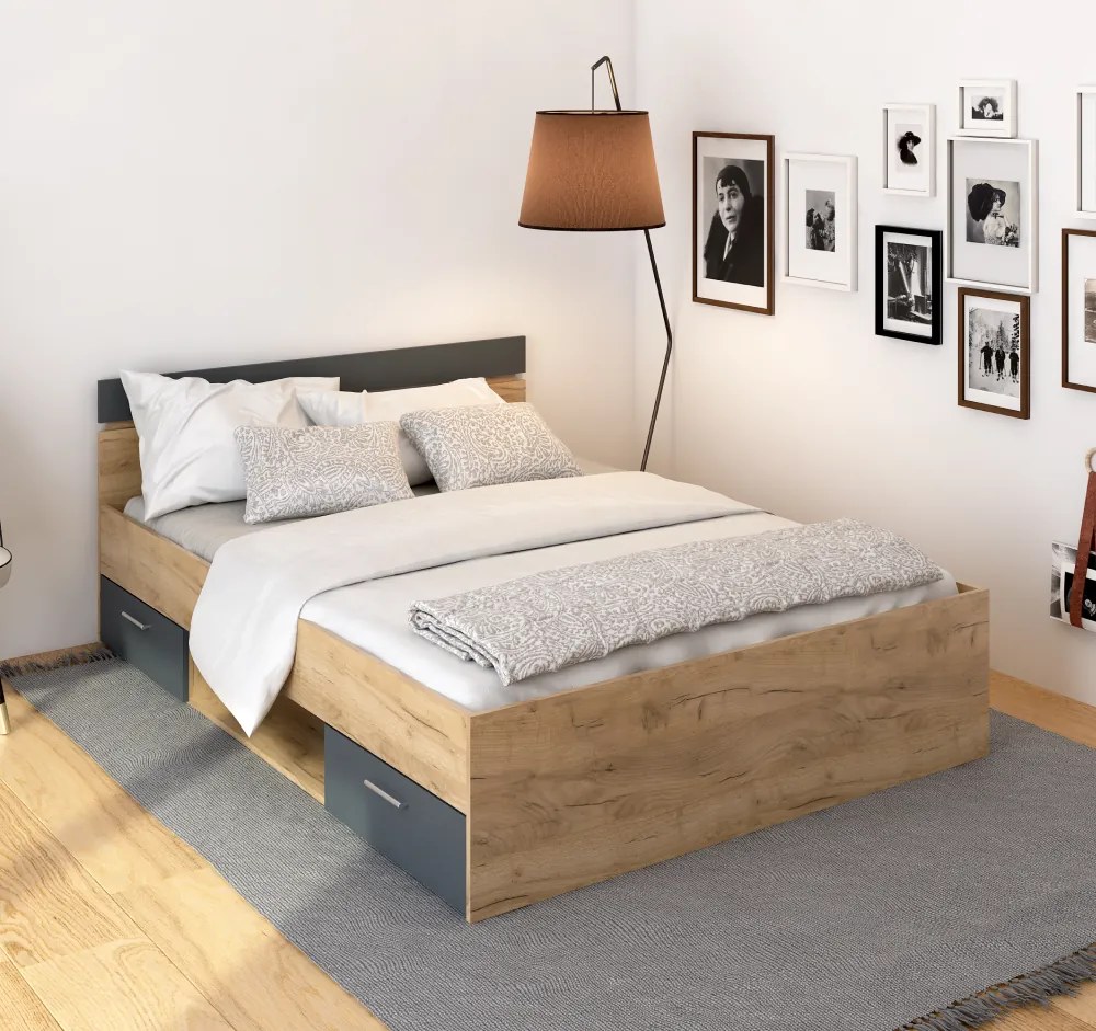 Ágykeret, 140x200, tölgy artisan/grafit, MICHIGAN NEW