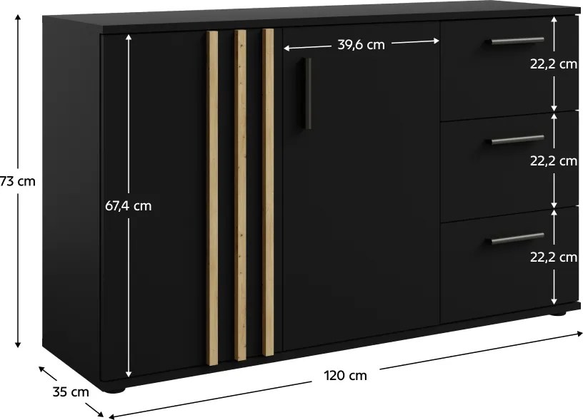 Komód, 2D3S, fekete/artisan tölgy, TOLIS TYP 3