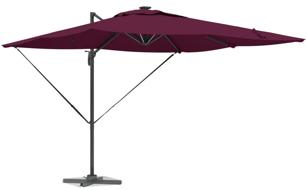 Cantilever Roma napernyő LED világítással, Bordeaux vörös, 286 x 285 x 270 cm alumínium.