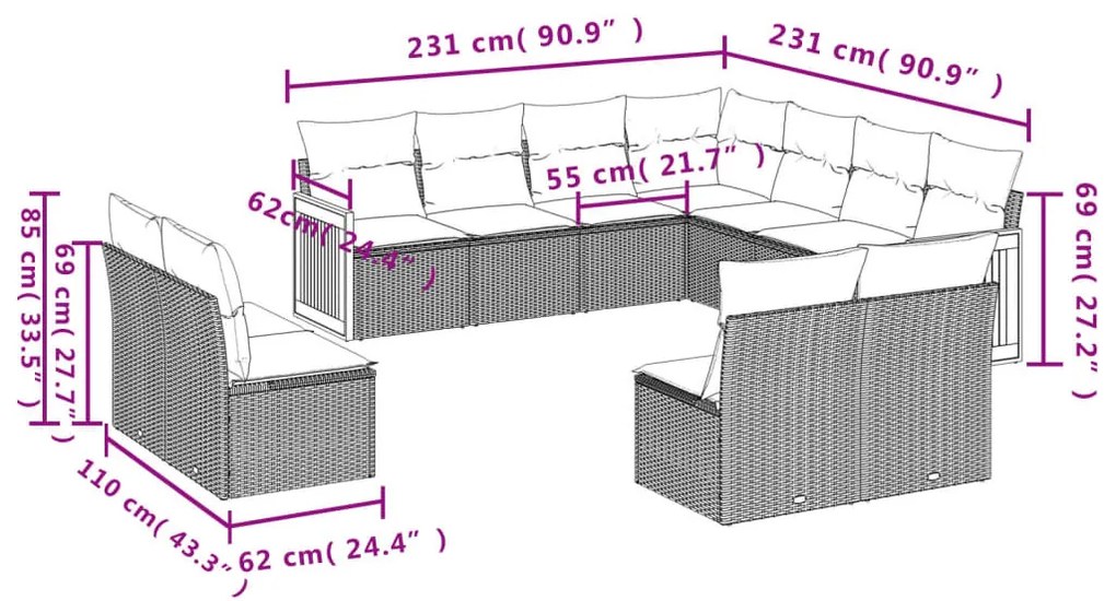 11 részes fekete polyrattan kerti ülőgarnitúra párnákkal