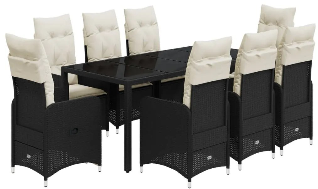 9 részes fekete polyrattan kerti bisztrógarnitúra párnákkal