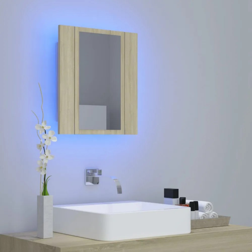 tölgyszínű akril LED-es tükrös fürdőszobaszekrény 40x12x45 cm