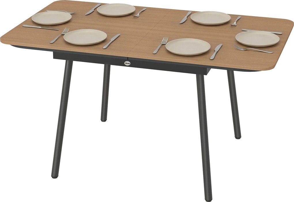 Outsunny 6 személyes kerti étkezőasztal 140 x 80 cm – Időjárásálló WPC teak hatású asztallap, rozsdavédelemmel ellátott porfestett fémváz, állítható t