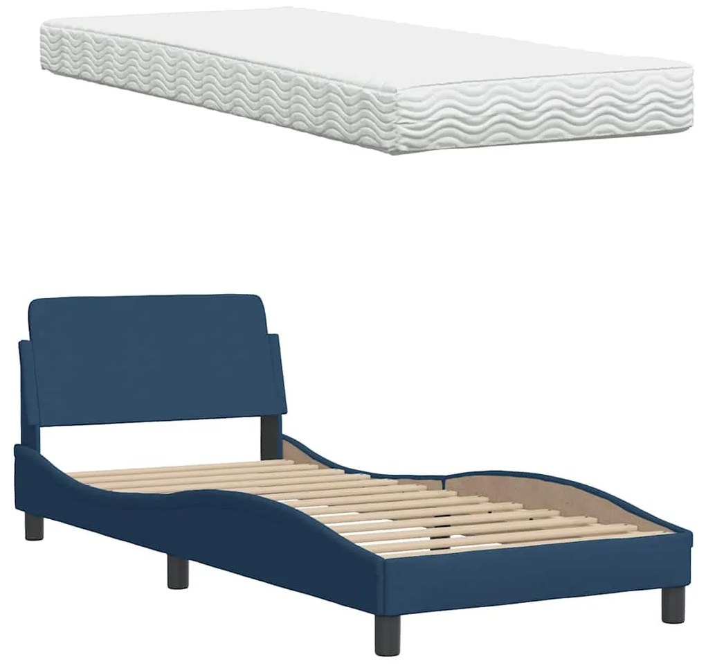 kék szövet ágy matraccal 80x200 cm