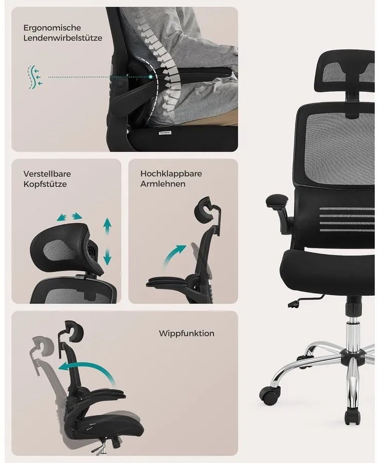 irodai szék, ergonomikus, hálós szék deréktámasszal és állítható fejtámlával, fekete
