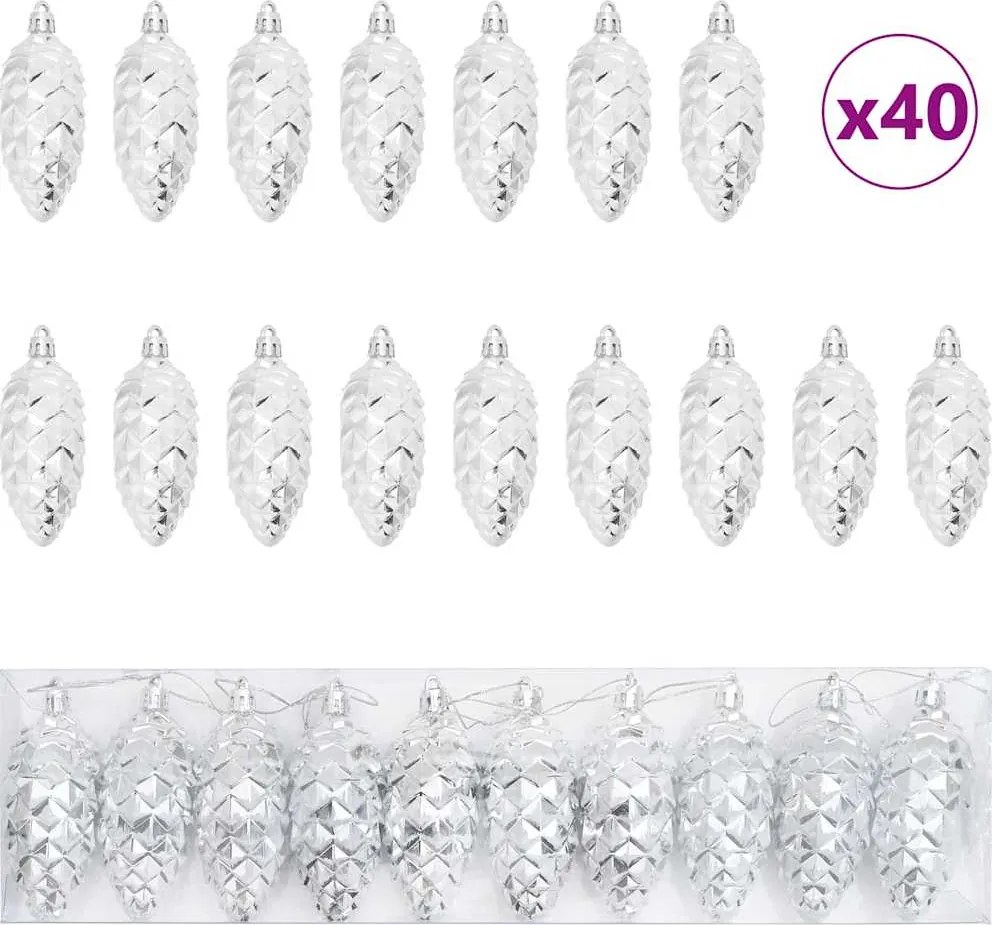 vidaXL Karácsonyi tobozlabda 40 pcs Ezüst Műanyag