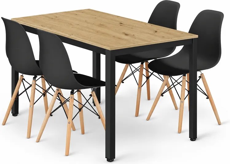 Szett: Étkezőasztal TESSA 120×60 artisan tölgy/fekete + 4 db OSAKA szék, fekete/natúr lábak