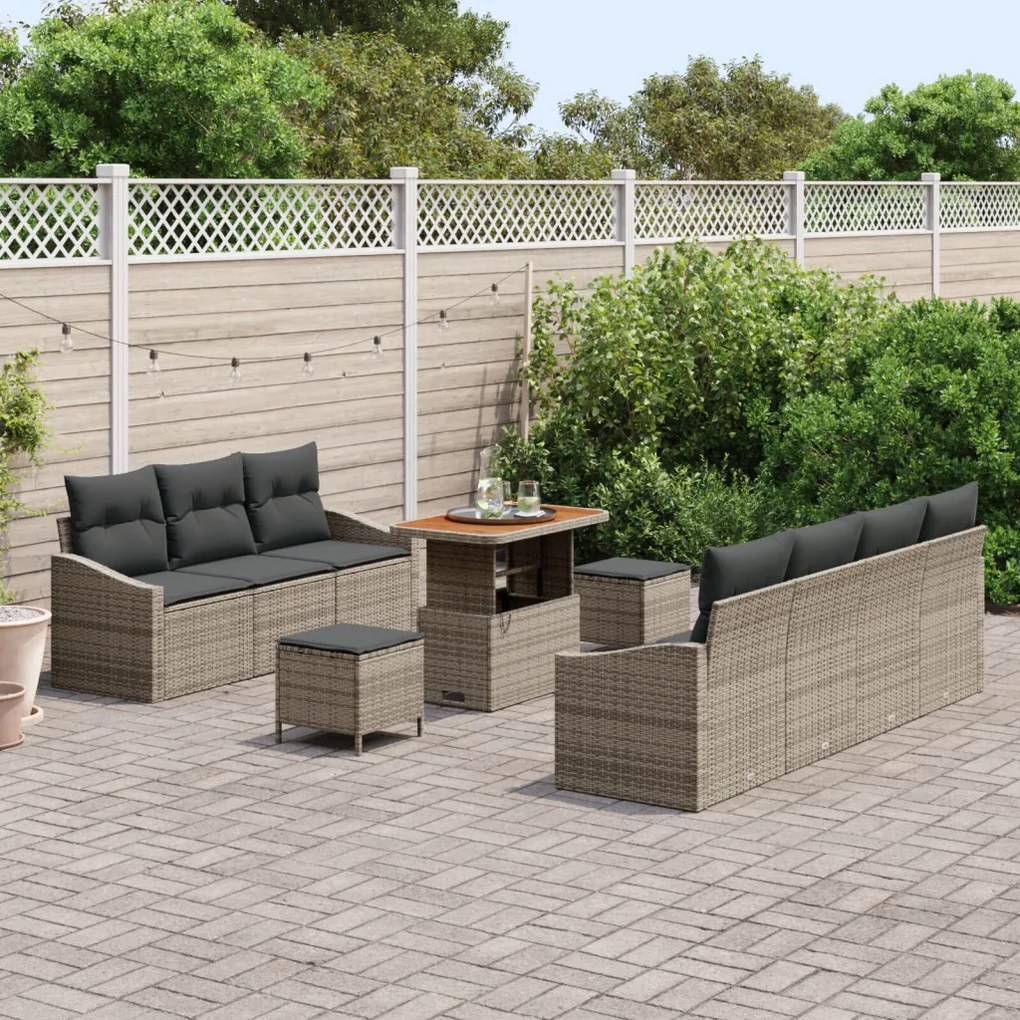 10 Darabos Kerti Kanapé Készlet Párnákkal Szürke Poli Rattan Akáciából, 2-Fős Kerti Kanapé Tárolóval és Párnákkal Szürke Poli Rattan, 3 Darabos Kerti Étkezőkészlet Párnákkal Szürke Poli Rattan Akáciából